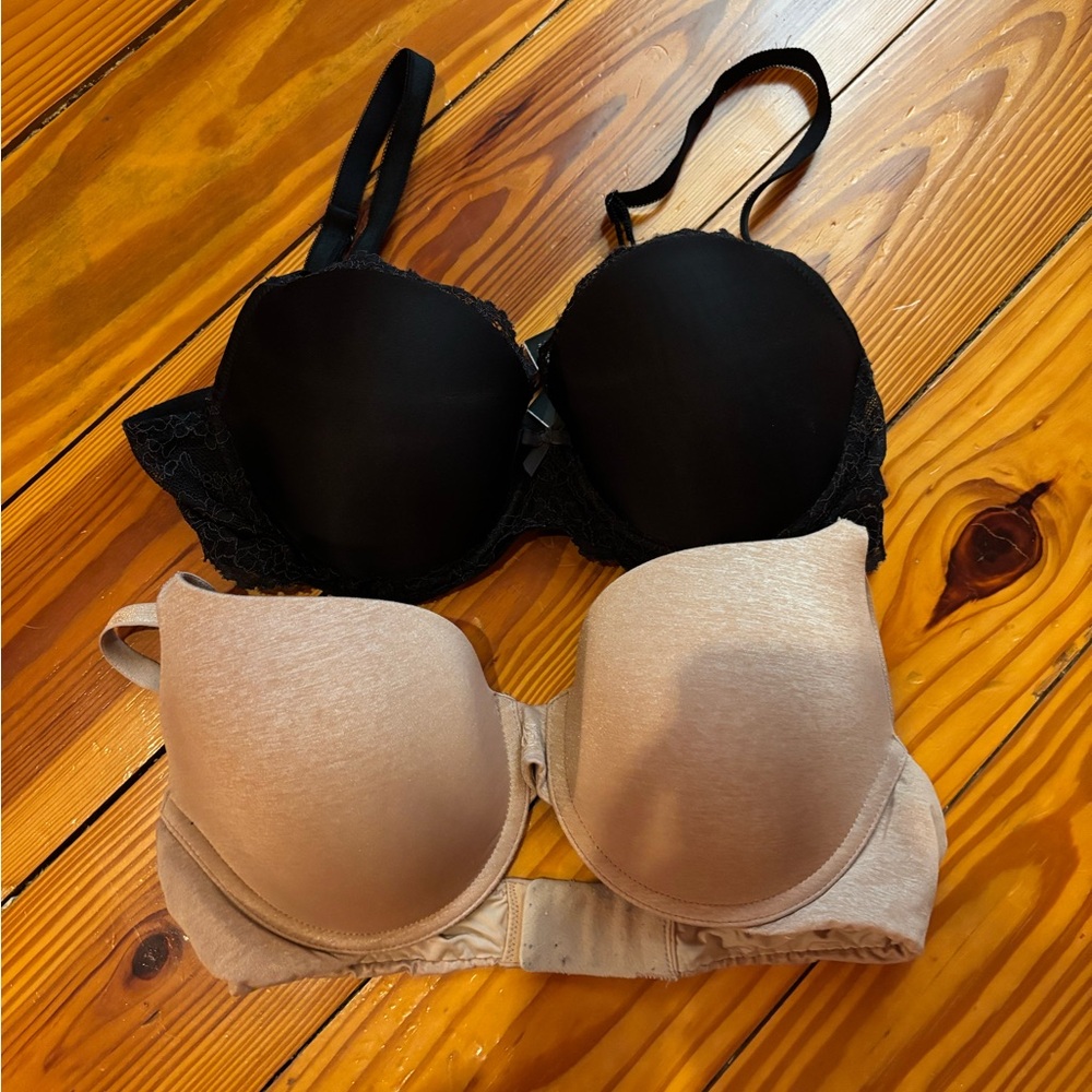 Victoria Secret Black Lace Bra and Nude Tshirt Bra 34D, Lightly lined